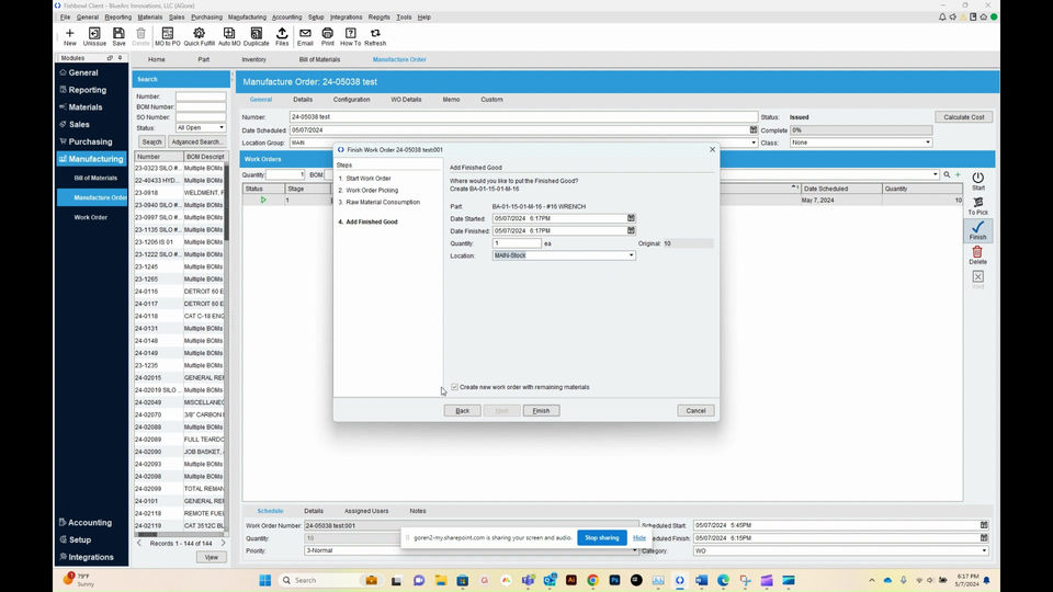 PARTIALLY CLOSING A WO